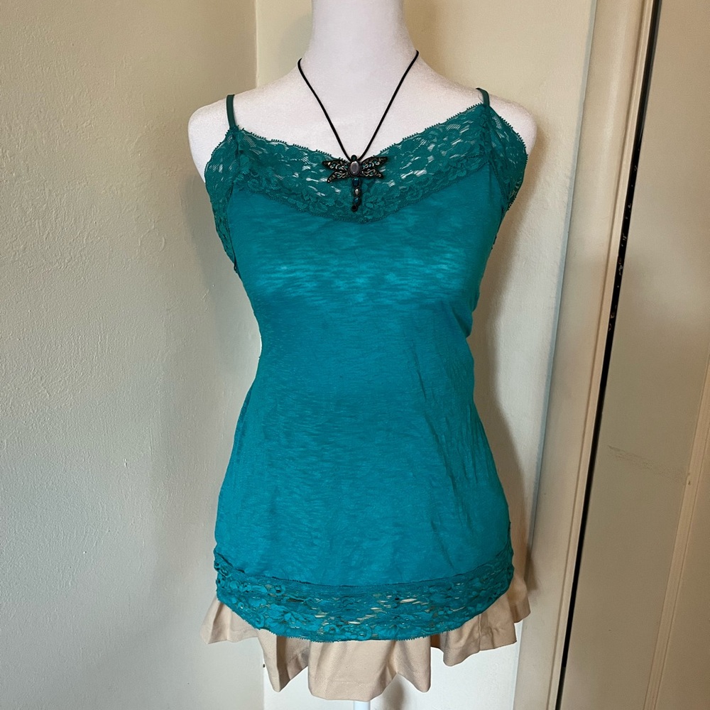 ONE step ahead Teal Lace Trim Tank Top